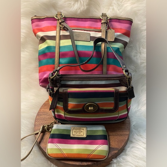 COACH Legacy Stripe 3 Piece Bundle: 2 Bags - 1 Wristlet - Picture 1 of 14